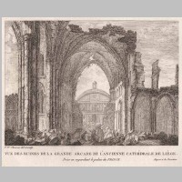 Vue des ruines de la grande arcade de l'ancienne cathédrale de Liège, prise en regardant le palais du prince, par Jean-Noël Chevron, Wikipedia.jpg